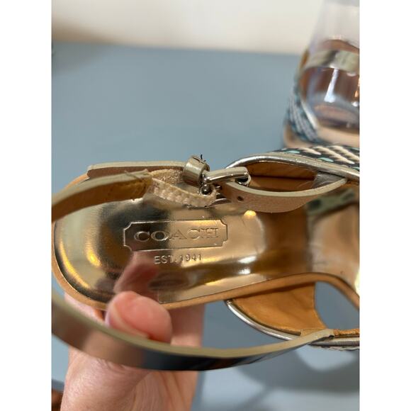 Coach Steffi stilettos size 9.5 navy white woven leather strappy high sandal - Picture 12 of 12